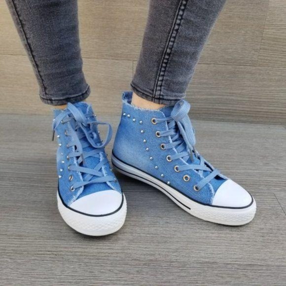 Jean High Top Fashion Sneakers W/ Metal Studs - Picture 8 of 8